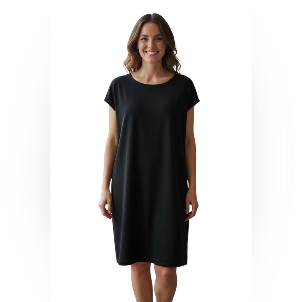 EILEEN FISHER Black Short Sleeve Cotton Dress with Side Zips Large cap sleeves